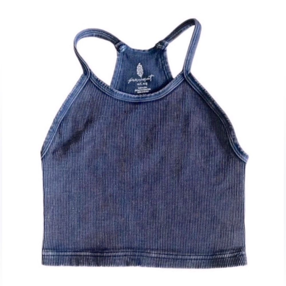 Free People Happiness Runs Ribbed Long Crop Top M/L Vintage Navy/Purple